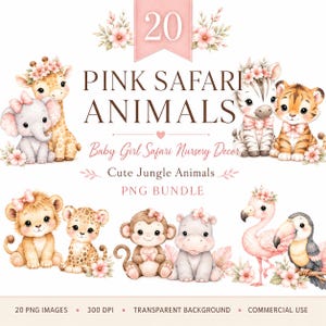 Puede incluir: Una colección digital de 20 ilustraciones en acuarela que presentan bebés animales de safari, incluyendo una jirafa, elefante, cebra, tigre, león, leopardo, mono, hipopótamo, flamenco y tucán, decorados con flores rosas y lazos.