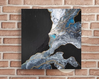Abstrakte Acrylmalerei, Schwarz Blau Gold Moderne Wandkunst, Original zeitgenössisches Kunstwerk