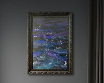 Abstraktes Acrylbild Storming Sea Dark Black Frame