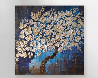 Original Acrylbild, strukturierte Blumenbaumkunst, blaugoldene Wandkunst, modernes Wohndekor