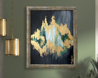 Abstrakte Gold druckbare Kunst, moderne blau grüne Wandkunst, elegantes minimales Dekor, digitaler Download