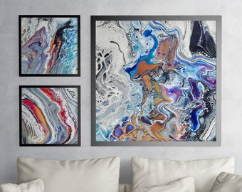 Digitaler Kunstdruck Flüssiges Acryl abstraktes Cosmic Set bestehend aus 3 Bildern