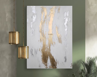 Großes Abstraktes Gold Wandbild, Original Acrylbild mit Goldenem Blatt, Moderne Minimal Kunst