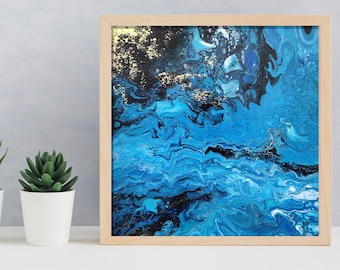 Original abstrakte druckbare Kunst, Blau und Blattgold