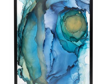 Alcohol Ink Abstract Blue Wall Art, Original Ocean Painting, Modern Minimal Artwork