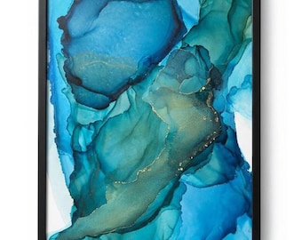 Alkohol Tinte Blau Abstrakte Kunst, Moderne Ozean inspirierte Wandkunst