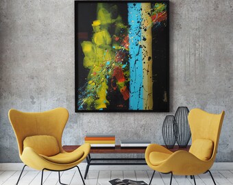 Bunte moderne Malerei Original, schwarze Leinwand mit Blau Grün Akzenten, Wanddekoration