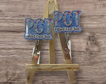 PCT Floral Letters Badge Reel Patient Care Tech