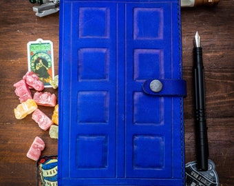 TARDIS Inspired Leather Notebook Cover for a large Moleskine, Journal Cover, River Song Journal, Full Grain Leather, Refillable