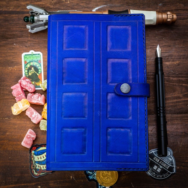 TARDIS Inspired Leather Notebook Cover for a large Moleskine, Journal Cover, River Song Journal, Full Grain Leather, Refillable