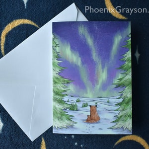 Scenic Northern Lights Aurora Fox Family Snowy Illustrated Single Greetings Card Christmas Birthday Generic