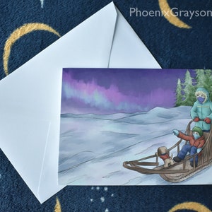 Aurores boréales pittoresques Aurora Sledge Illustré Carte de vœux unique Anniversaire de Noël Générique