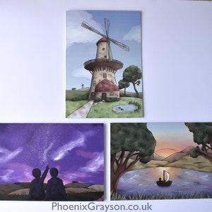 Lot de 3 cartes de vœux vierges illustrées scéniques génériques de célébration d'anniversaire général