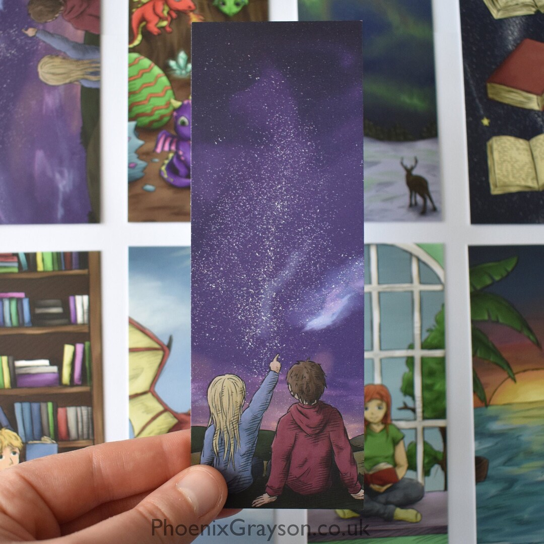 Stargazing Galaxy Night Couple / Friends Illustrated Bookmark Portrait ...