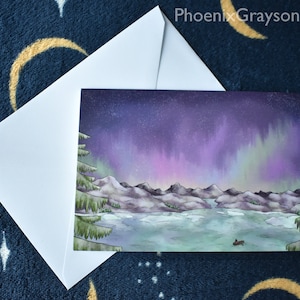 Scenic Northern Lights Aurora Mountain Lake Illustrated Single Greetings Card Christmas Birthday Generic
