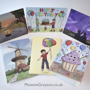 Lot de 6 cartes de vœux d'anniversaire illustrées vierges génériques.