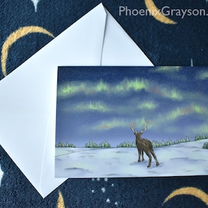 Scenic Northern Lights Aurora Reindeer Illustrated Single Greetings Card Christmas Birthday Generic