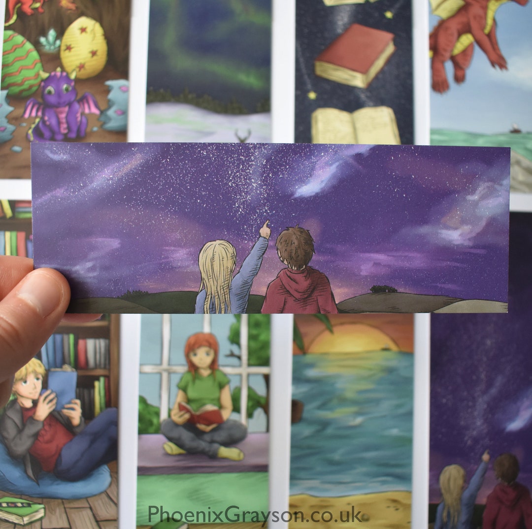 Stargazing Galaxy Night Couple / Friends Illustrated Bookmark Landscape ...