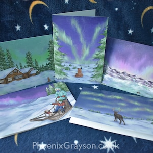 Mixed Pack of 5 Illustrated Northern Lights Aurora Borealis Handmade Scenic Greetings Cards Christmas Birthday Generic