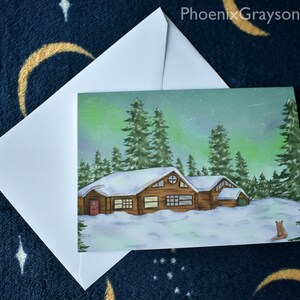 Aurora boreal escénica Cabaña y zorro Snowy Ilustrado Tarjeta de felicitación única Cumpleaños de Navidad Genérico