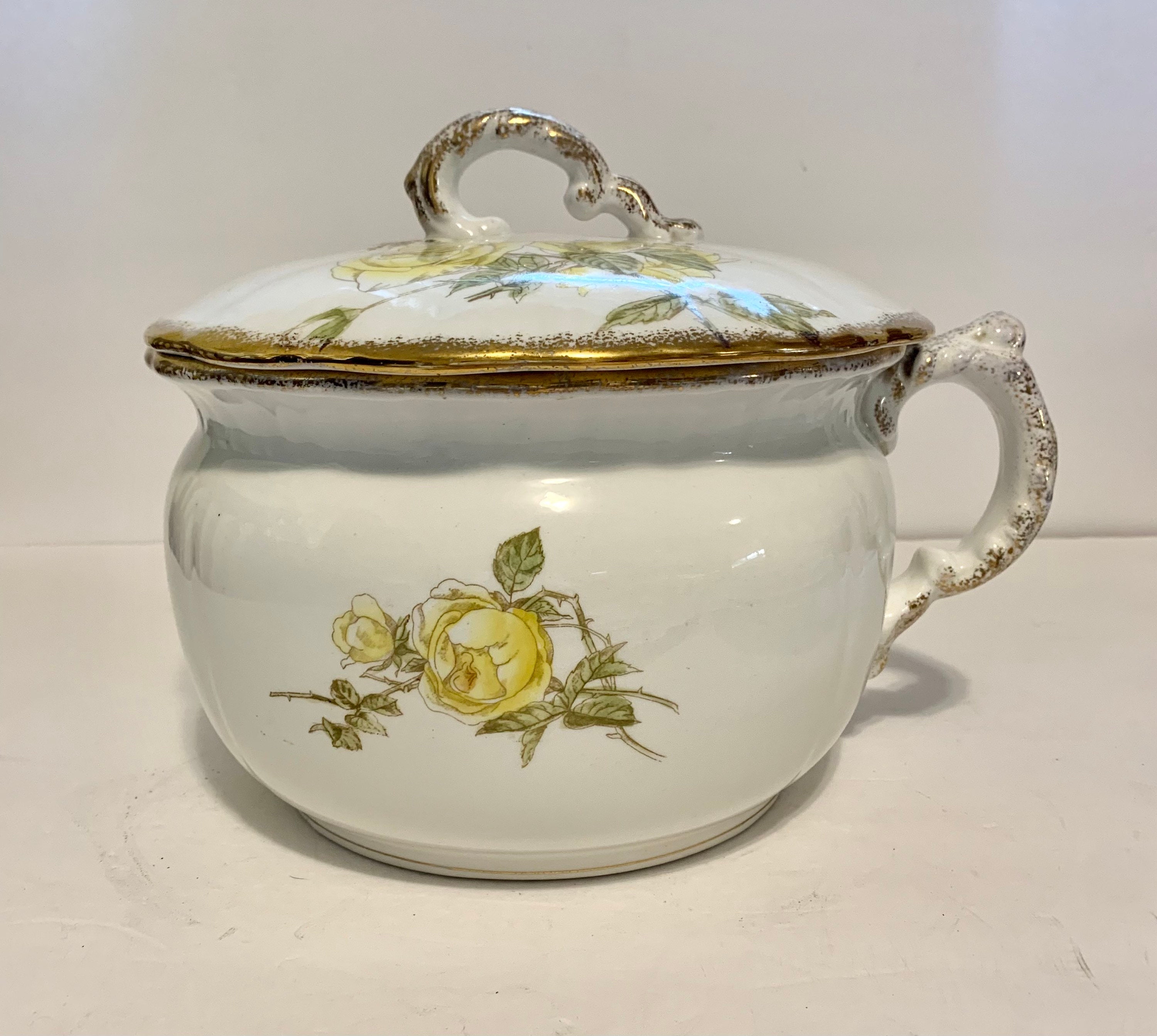 Antique Vintage Althea Ceramic Chamber Pot Yellow Brown Floral