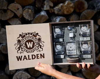 Personalized Whiskey Decanter Set, Bourbon Glasses, Wooden Box, Whiskey Stones