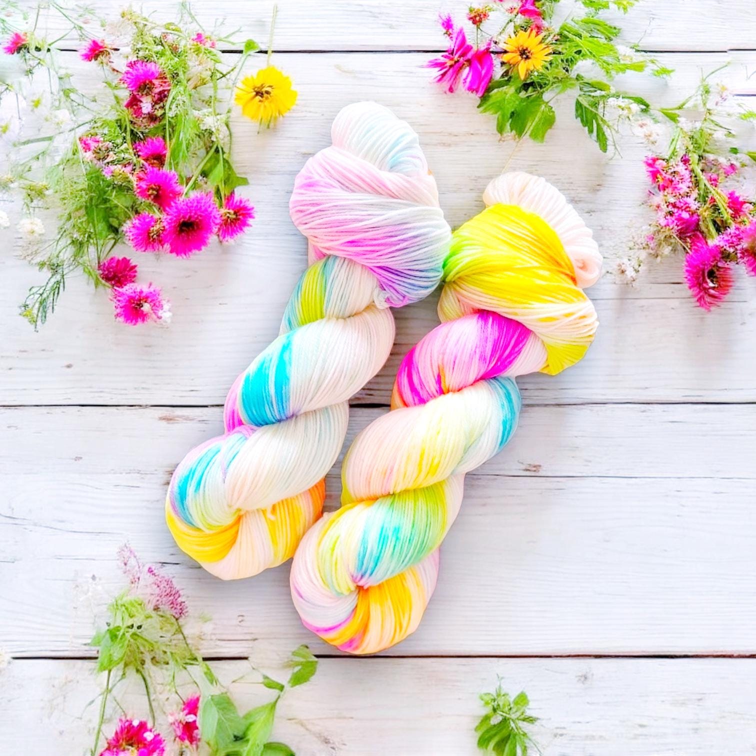 Unicorn Farts Hand Dyed Yarn, Vibrant Neon Rainbow Wash Over White - Sock, DK, Sparkle, Aran, Chunky,