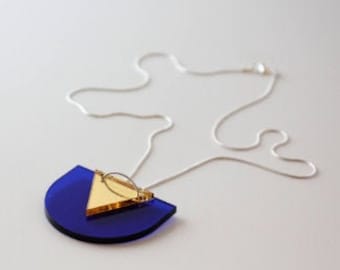 Half Circle Pendant - Blue & Gold Mirror - Laser Cut Acrylic on Silver Snake Chain