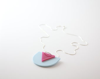 Half Circle Pendant - Periwinkle and Fuschia - Laser Cut Acrylic on Silver Snake Chain
