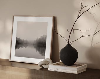 QUIET RIVER – Minimalist river landscape in the fog | Black and white nature photography | Tranquil wall art - photo print or canvas print