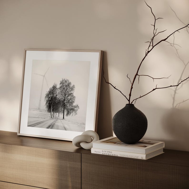 Winter landscape with road in fog | Black and white photography | Minimalist winter wall art | Winter road trip image 2