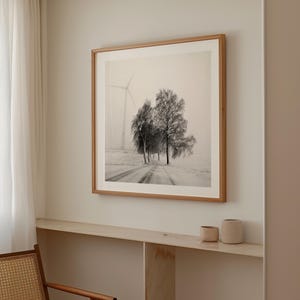 Winter landscape with road in fog | Black and white photography | Minimalist winter wall art | Winter road trip image 3