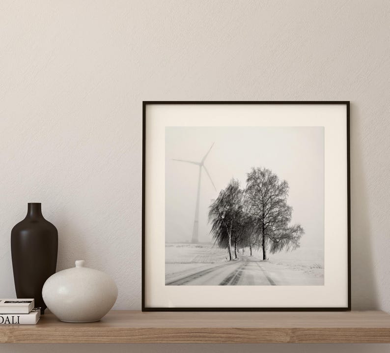 Winter landscape with road in fog | Black and white photography | Minimalist winter wall art | Winter road trip image 5