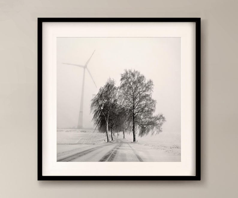 Winter landscape with road in fog | Black and white photography | Minimalist winter wall art | Winter road trip image 1