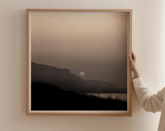SILENT SUNDOWN – Minimalist mountain landscape by the sea | Twilight photo art | Calm wall art - photo print or canvas print