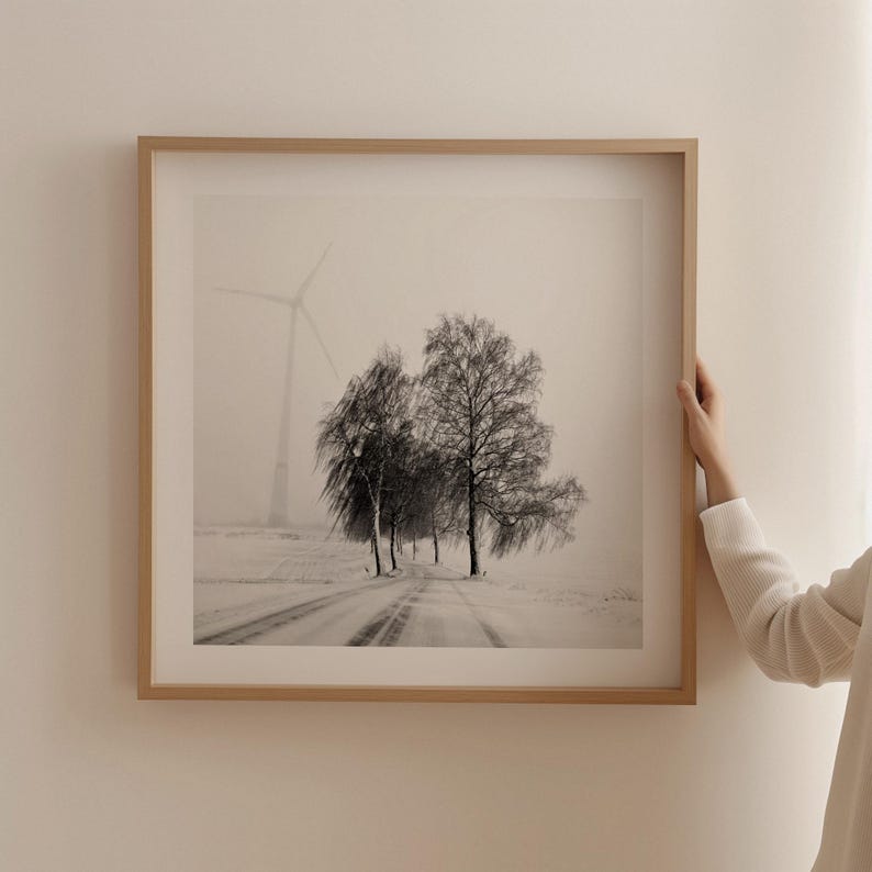 Winter landscape with road in fog | Black and white photography | Minimalist winter wall art | Winter road trip image 4