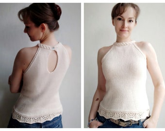 Summer top knitting pattern - Easy knitting pattern - Close-fit top - Halterneck Top - Keyhole back - Lace edge - PDF - Instant download