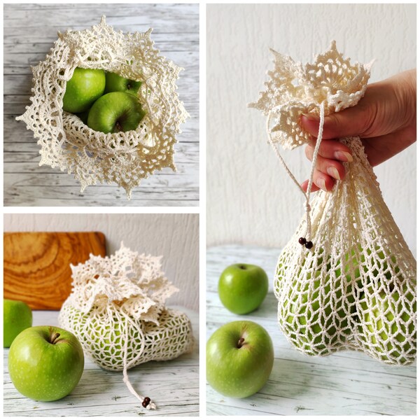 Drawstring Produce Bag Crochet Pattern - Reusable Market Bag - Crochet Net Bag