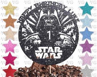 Personalised Star Wars Inspired Birthday Cake Topper, Custom Name & Age, Glitter, Mirror, Any Words, 22 Colours