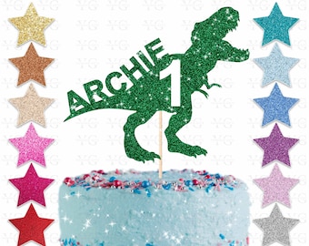Personalised T Rex Glitter Cake Topper, Custom Age & Name, Any Words, Glitter, Mirror, 22 Colours