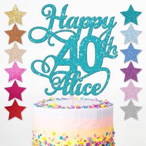 May include: Teal glitter cake topper with the words "Happy 40th Alice" in a cursive font. The topper is on a cake with colourful sprinkles.