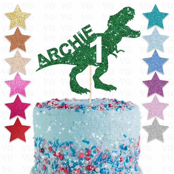 Personalised T Rex Glitter Cake Topper, Custom Age & Name, Any Words, Glitter, Mirror, 22 Colours