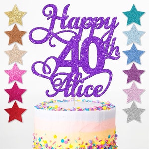 May include: Purple glitter cake topper with the text "Happy 40th Alice". The topper is on a cake with colourful sprinkles. There are 10 different glitter colours to choose from.