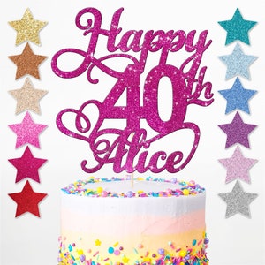 May include: Pink glitter cake topper featuring the text "Happy 40th Alice". The topper is shaped like a heart with a large number 40 in the centre. The topper is on a cake with colourful sprinkles.