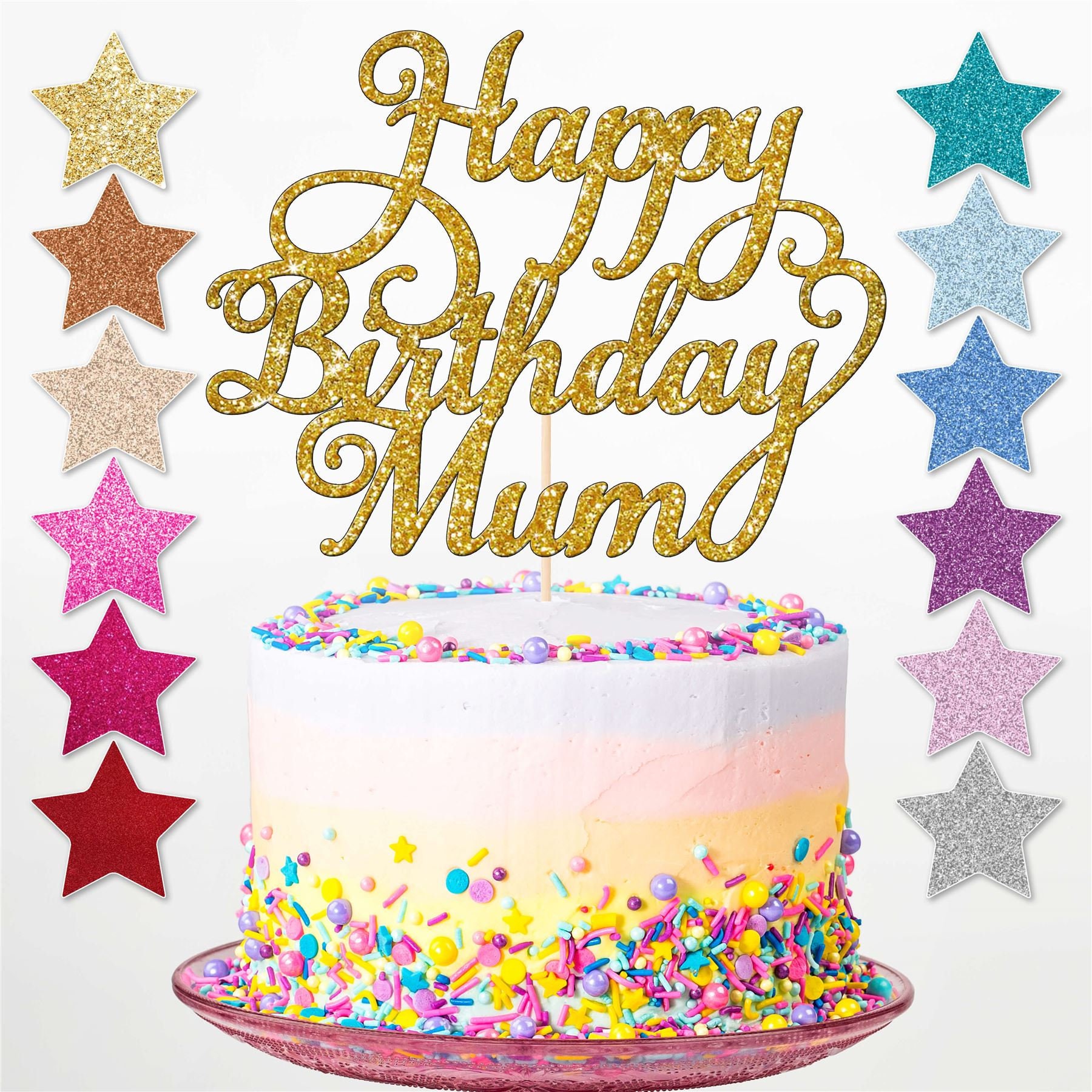 Topper Per Torta "Happy Birthday Mom" Oro Rosa Glitterato – Decorazione Per Torte Per Festa Della Mamma E Compleanni
