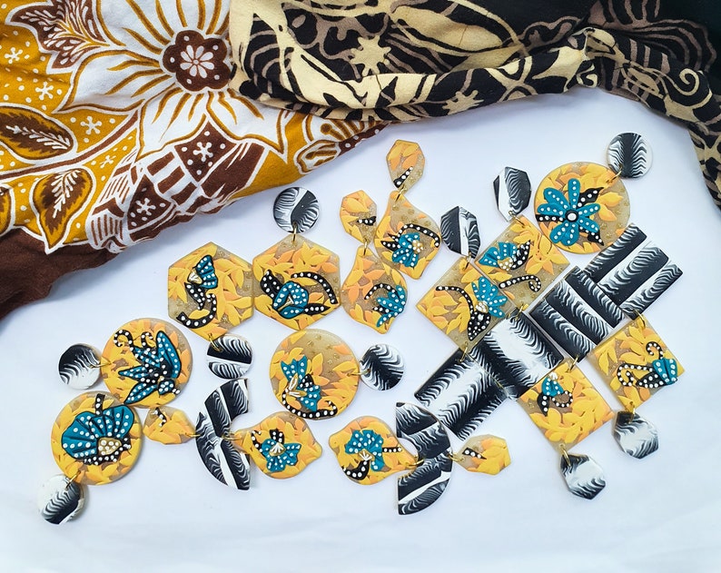 handmade polymer clay earrings Batik and ikkat hexagon drop
