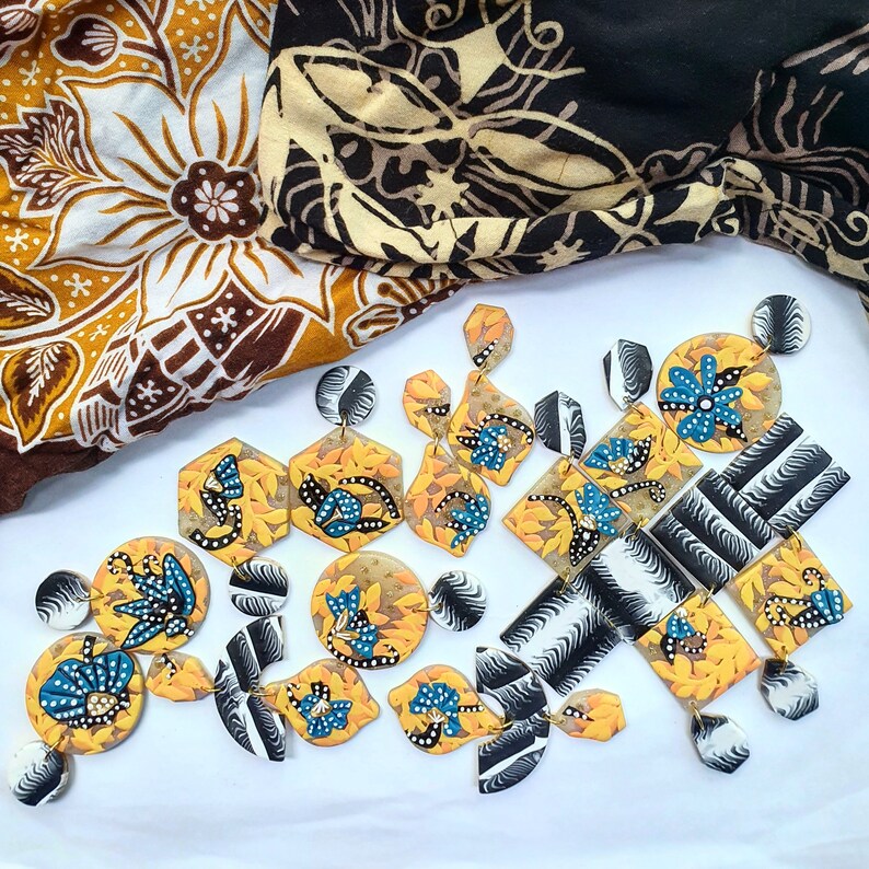 handmade polymer clay earrings Batik and ikkat hexagon drop