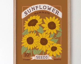 Impresión artística de un paquete de semillas de girasol: póster botánico de Siena de estilo vintage