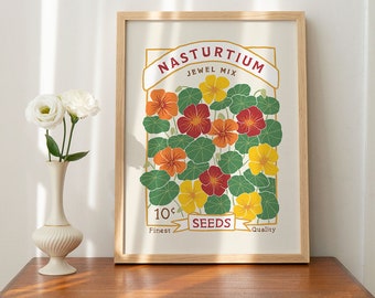 Lámina artística de flor de capuchina: póster botánico de estilo vintage