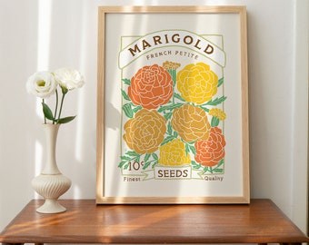 Marigolds Seed Packet Art Print: Vintage Style Floral Poster